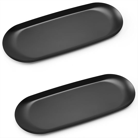 Decorative Tray Stainless Steel Ornaments Plate Oval Storage Trays for Jewelry Cosmetic Key Candle Dessert Snack Dish, Black 2pcs
