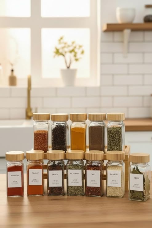 12 li Cam Baharatlık Bambu Kapaklı 120 ml, Cam Saklama Kavanozu