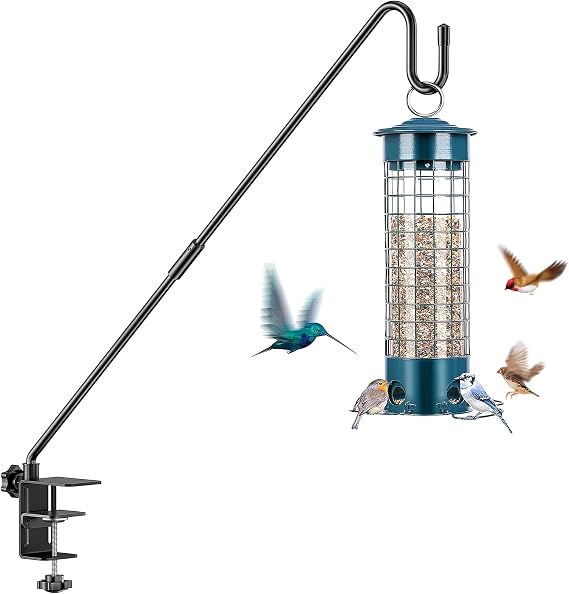Heavy Duty Adjustable Deck Railing Hook - 28-Inch Outdoor Clamp-Mount Hanging System for Bird Feeders, Wind Chimes & Garden Decor (Fits 2.75" Thickness, Max 12lbs)