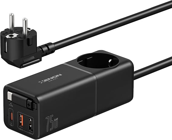 Xenon Smart Masaüstü Priz Hızlı Şarj İstasyonu | 75W GaN 4000W AC Dahili USB-C Kablo 3 x USB PD PPS X6412