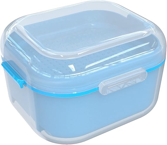ARGOMAX Clear Denture Case with Strainer for Retainers, Blue