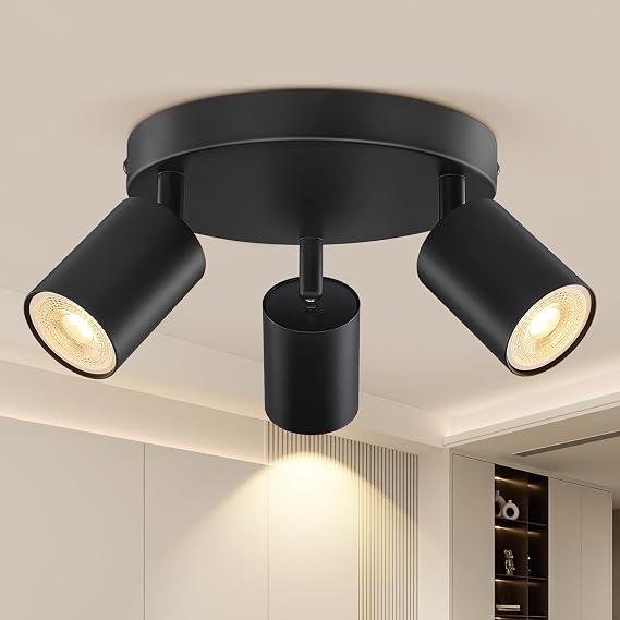 3 Way Spotlight Ceiling Lights Adjustable, Matt Black Round Spot Lights [Energy Class E]