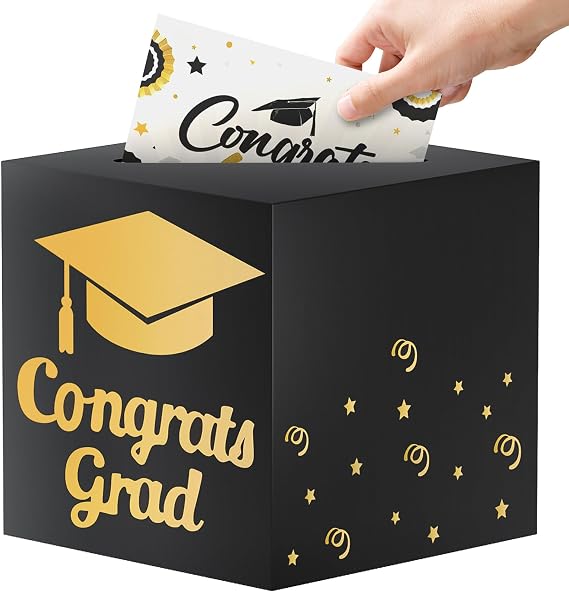 OLANRUN 9" Graduation Card Box, Graduation Decorations class of 2025 - Congrats Grad Foldable Cardboard Graduation Money Box for 2025 Graduation Party Decoration (Black)