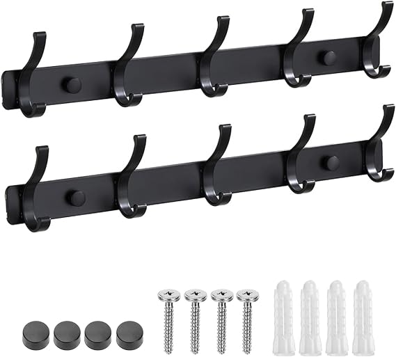 2 Pack Coat Hooks Wall Mounted with 10 Hooks Total , Hanger Wall Double Hook Rack, Heavy Duty Rust-Proof Coat Rack for Jackets, Bags, Hats & Towels in Bathroom, Bedroom, Kitchen & Entryway (black)