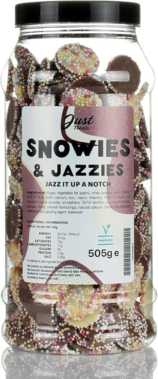 Just Treats Snowies &amp; Jazzies Retro Sweets Gift Jar – Milk &amp; White Chocolate Discs with Colourful Sprinkles, Vegetarian, The Classic Sweet-Shop Mix – Nostalgic Sweet Gift, Made in the UK