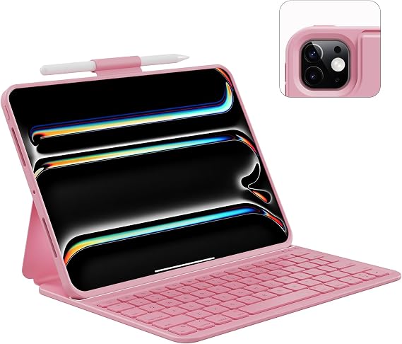 iPad Pro 11インチM4、2024対応キーボード付きケース:Bluetoothワイヤレスマグネットスタンド充電式キーボード、ペンシルホルダー付きライトピンク