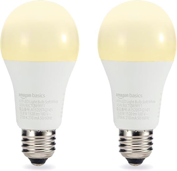 Amazon Basics A19/E26 Base LED Light Bulb, 100W Equivalent, Warm White, Non-Dimmable, 1520lm, 2-Pack