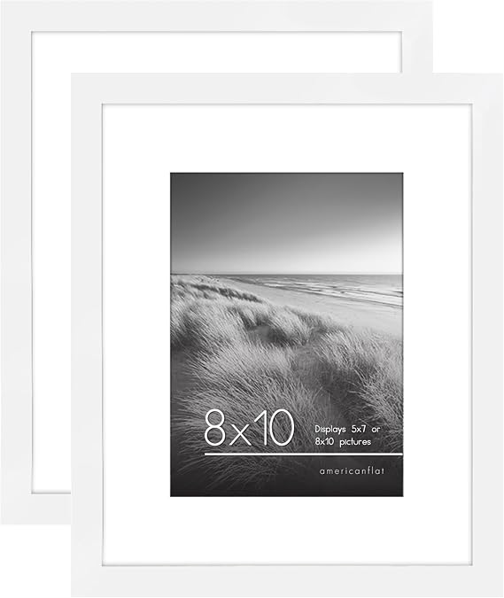 Americanflat 10x8 Photo Frames in White - Set of 2 - Use as 7x5 Photo Frames with Mount or 10x8 Picture Frames without Mount - Horizontal and Vertical Formats for Wall and Tabletop