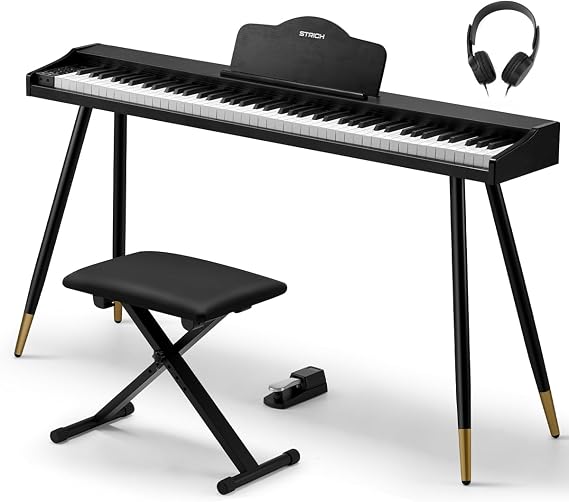 STRICH 88 Key Digital Piano Set, Full Size Velocity-Sensitive Keys, Electric Keyboard with Stand, Bench, Pedal, Headphones, Music Rest for Beginner, SPRITE-S(Black)