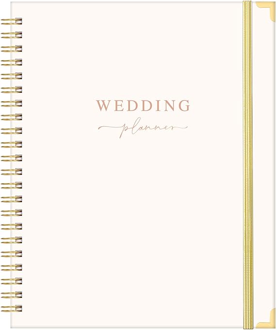 Wedding Planner - Wedding Planner Book and Organizer for the Bride with 5 Tabbed Sections, 9" x 11.9", Hardcover with Metal Corner + 5 Inner Pockets + Sticker + Elastic Closure Band - Beige