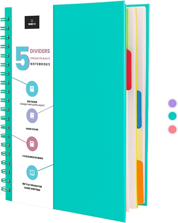 A4 Lined Notebook with 5 Dividers - Hardback Project, subject or Journal Notebook With Premium Quality Writing Paper, 200 Pages Wirebound Notebook (Green)