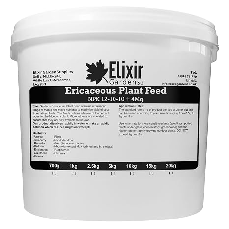 Elixir Gardens Soluble Ericaceous Fertiliser/Feed | Azalea, Rhododendron, Acer, Magnolia & Camellia Plant & Shrub Food | NPK: 12-10-10 + 4 | 1kg Resealable Tub