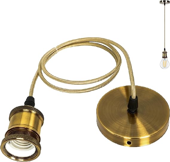 Ceiling Pendant Light Fitting, E27 Lamp Holder, Bronze Vintage Ceiling Rose Lamp Holder Kit with Ground Wire & 1m Adjustable Braided Cable, Hanging Light Socket for Home Bar Kitchen Dining Room [Energy Class A+++]