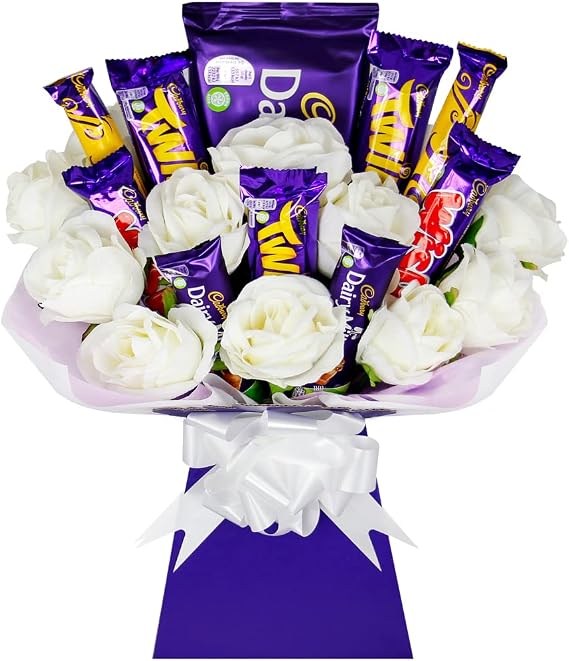 Luxury Chocolate Bouquet with 12x White Silk Roses & 10x Dairy Milk Classics