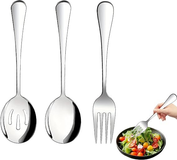 Serving Spoons and Fork Set, 3 Pcs Stainless Steel Serving Utensils Large Serving Spoons Slotted Spoon and Serving Fork for Buffet, Party, Banquet and Family Gatherings ﻿