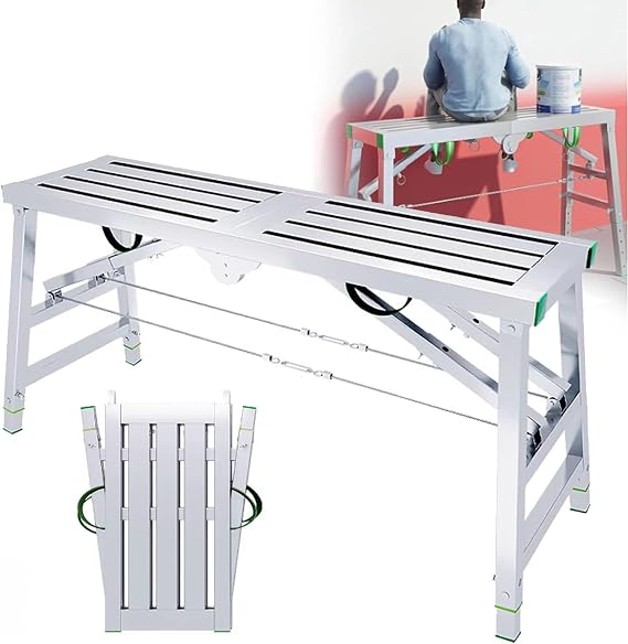 Portable Scaffolding Equipment, Adjustable Height Multipurpose Work Platform Galvanized Steel Ladder Heavy Duty Bench Folding Scaffold Tower Ladders Stool (160×40cm)