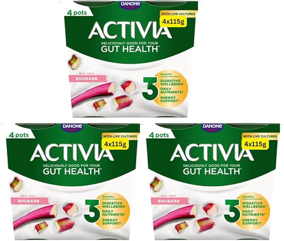 Gut Health Yoghurt Activias Multipacks Rhubarb, Strawberry, Vanilla and Blueberry 12x115g (Rhubarb 12x115g)
