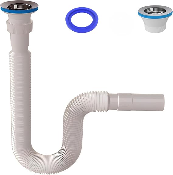 Esnek Uzatılabilir Lavabo Sifonu, 64mm Çift Katmanlı Conta, 350-800mm Ayarlanabilir Uzunluk, 32mm Tahliye Çıkışı