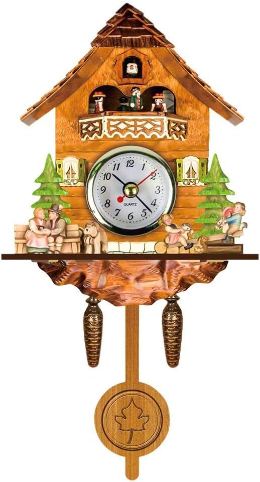 Retro Cuckoo Clock European Style Antique Wooden Cuckoo Birdhouse Wall Clock with Auto Swing Bell Pendulum for Home Decor (CM002)