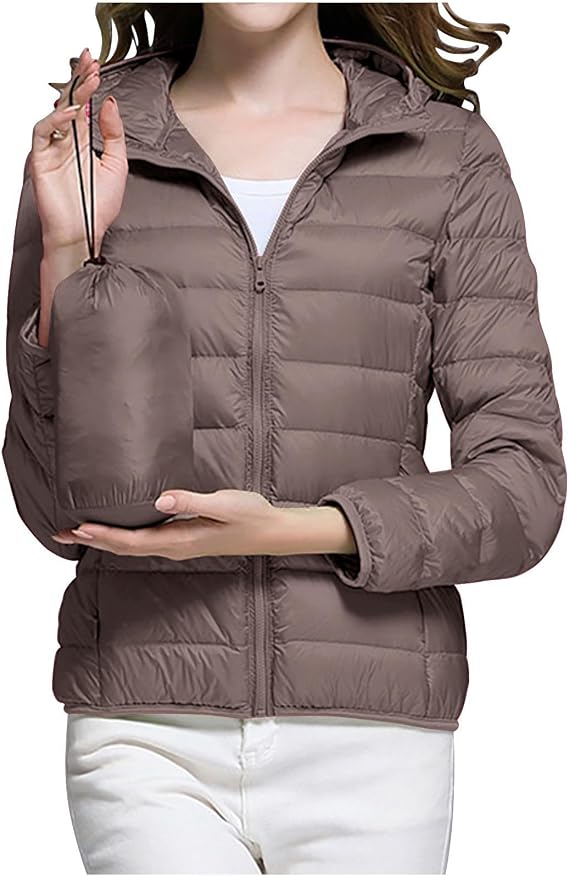 Packable Lightweight Down Jacket Womens Cropped Puffer Jacket,Ultra Light Hood Puffer Jacket,Long Sleeve Zip Up,with Pockets,Short Bubble Overcoats Winter Warm Outwear