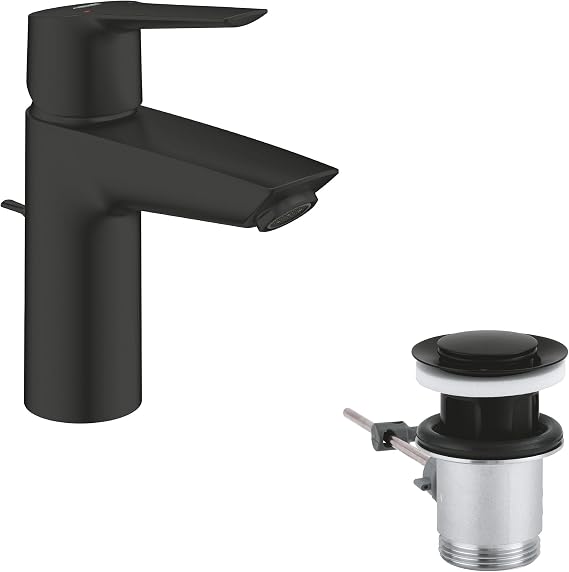 GROHE Start QuickFix - Basin Mixer Tap with Pop-Up Waste Set (S-Size 165 mm, 28 mm Ceramic Cartridge, Water Saving, Tails 3/8 Inch, Easy to Fit with GROHE QuickTool), Matt Black, 242092432