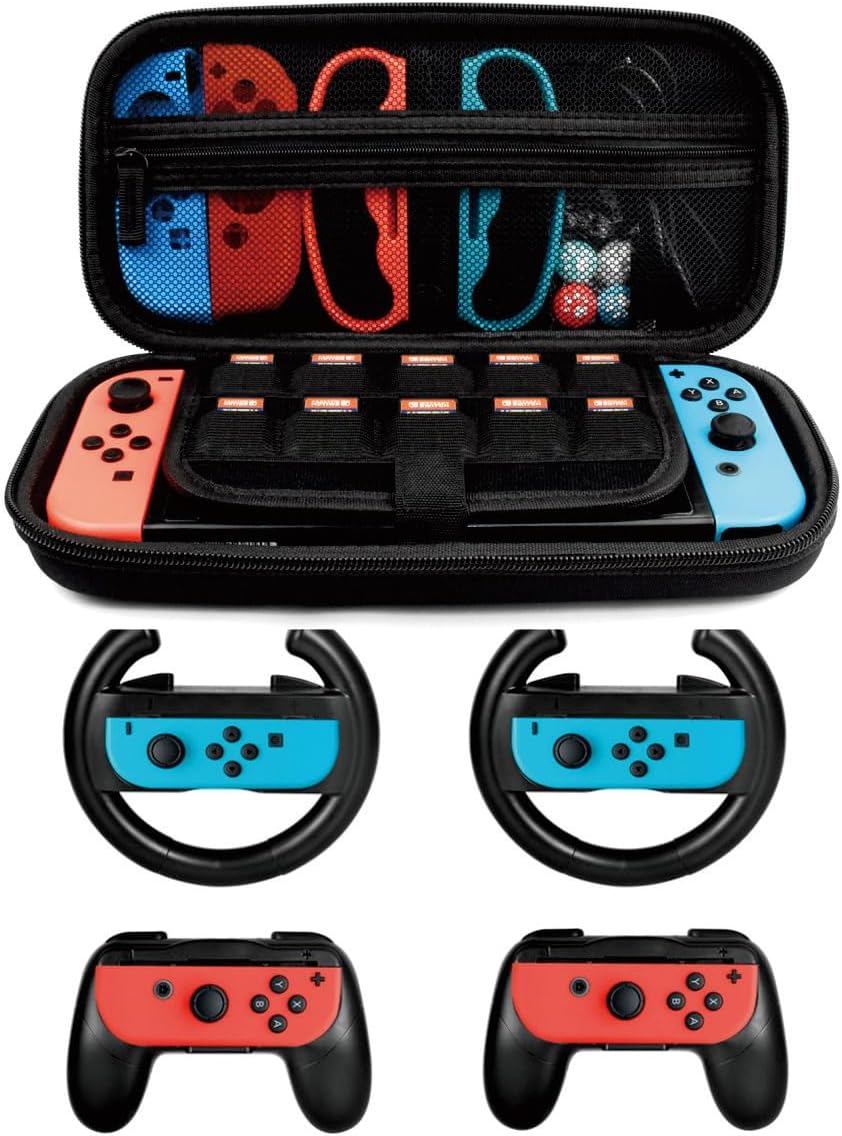 Accessory Set for Nintendo Switch Game Launcher, 2X Steering Wheel, 2X Grip Kit, 1x Travel Carrying Case 5 in 1 Black