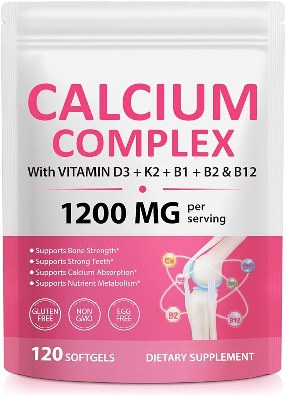 Calcium Supplements, Calcium Complex Softgels with Vitamin K2 B1 B2, Collagen & Plant Nutrients, 120 Capsules
