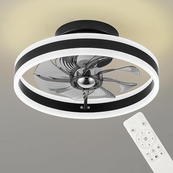 LED Ceiling Fans with Lights Remote,Reversible Bladeless Modern Ceiling Fan Lights Flush Mount 16 inch 6 Speeds 3 Color Dimmable Black Ceiling Fan Light for Bedroom