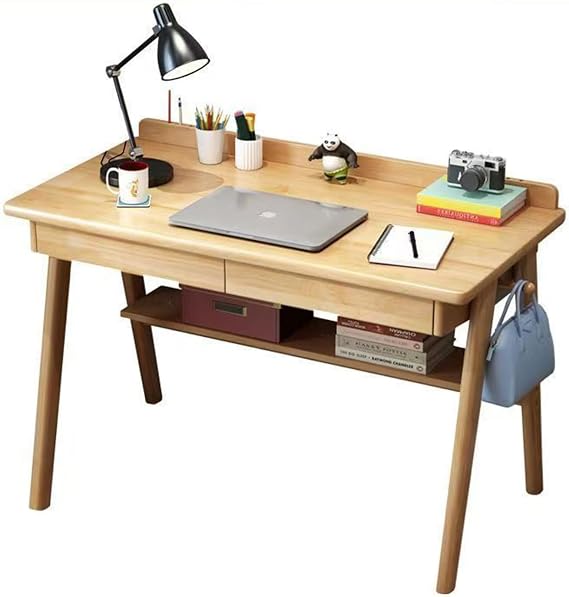 Solid Wood Writing Desk with Drawers, mid-Century Modern Desk, Home Office Computer Desk with 2 Drawers and Storage Shelf, Home Office Desk with Hooks for Small Spaces (Walnut color, Chair)
