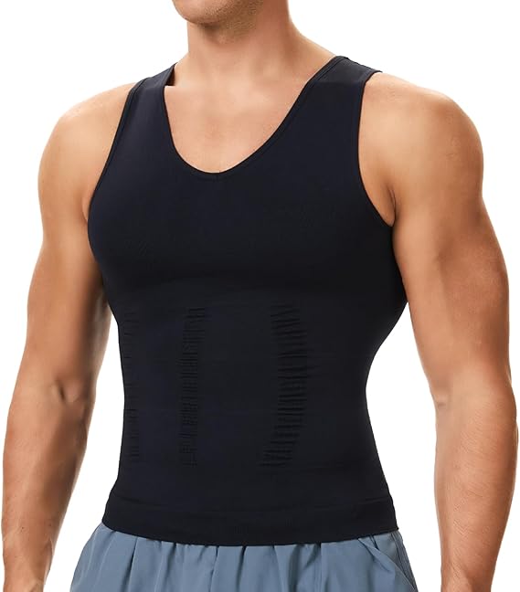 SLIMBELLE Mens Slimming Vest V-Neck Tummy Control Elastic Body Shaper Compression Shirt Base Layer Undershirts
