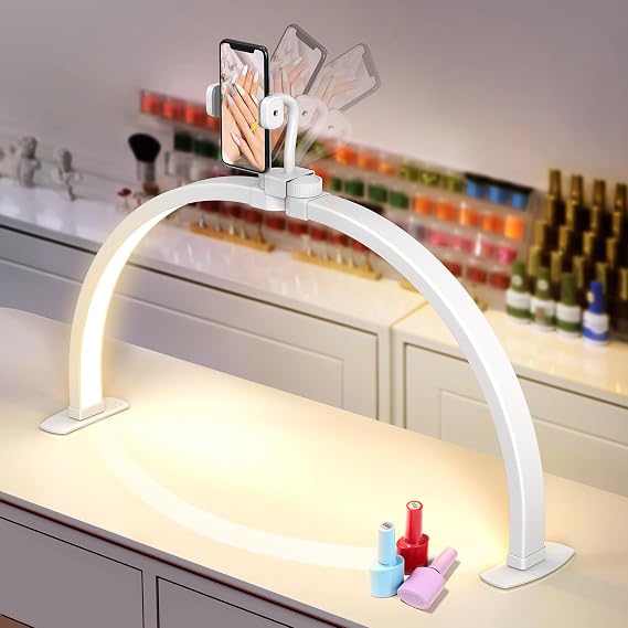 Half Moon Light for Nail Desk: 23" Arch Light for Nail Techs with Phone Holder for Beginner - 3 Color Modes & 10 Brightness Adjustable - Foldable Half Moon Nail Lamp for Manicure Art (Whtie, Small) [Energy Class F]
