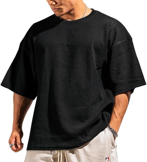 Muscle Alive Men Short Sleeve Waffle Sweatshirt Loose Fit Workout Shirt