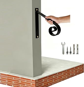 12inch Handrail for Outdoor Steps, Single-Step Stair Handrail - Wall Mounted Wrought Iron Hand Railing - Powder Coated Carbon Steel - Black