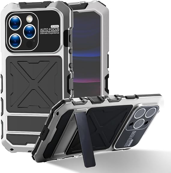 FW iPhone 15 Pro Max対応 ケース メタルシリコンアーマー 360 フルボディ 高耐久 頑丈 ミリタリーグレードケース メタルスタンドスクリーンプロテクター付き 防塵 耐衝撃 アウトドアケースシルバー