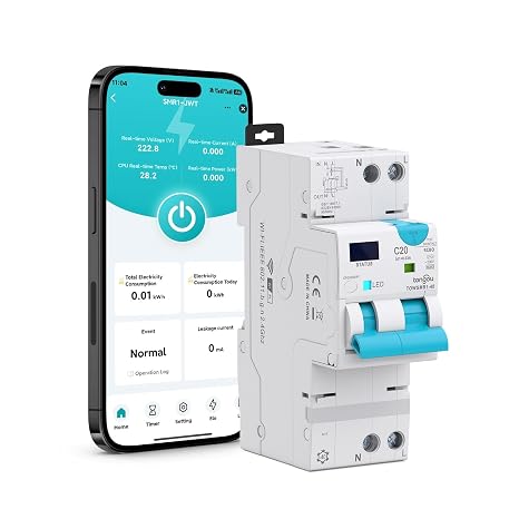 TONGOU 1-20A 1P+N Type AC Smart RCBO Wifi Circuit Breaker,Supports Detection of 30-100mA Leakage Current, With Automatic Reclosing, Tuya/Smart Life APP Connection,Smart Protection, Smart Home