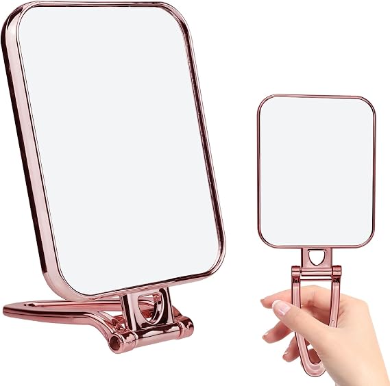 Leikedun Folding Makeup Mirror with Stand, Desk Mirror Travel Hand held Mirrors Double Sided 270 Degree Table Mirrors for Travel Shaving Bedroom Bathroom(Rose Gold,15 x 12 cm)