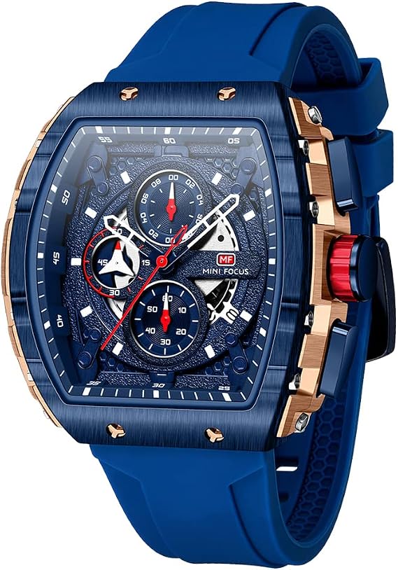 MF MINI FOCUS Watches Men Watches Fashion Hollow Big Dial Luminous Waterproof Sport Analog Quartz Business Chronograph Mens Watch Blue Silicone Strap Dress Watch