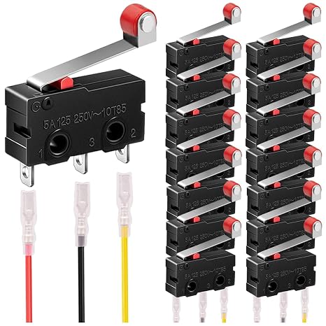 15Pcs Micro Limit Switch 5A 125 250V AC SPDT 1NO 1NC Short Hinge Roller Levr Arm Switch Snap Action Button Type 3 Pins Micro Limit Switch with Roller Lever Arm Black and 45pcs Terminal Wires