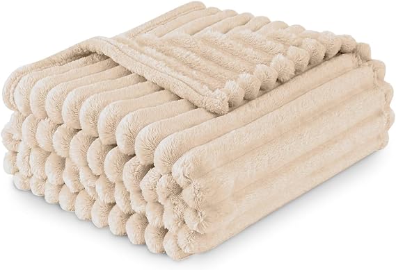 Ribbed Jacquard Bed Blanket Fluffy Warm Throw Blanket for Sofa Couch Single Osum Soft Fleece Winter Twin/Double 150x200 cm Throws (Cream)