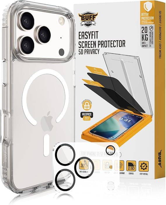 Buff iPhone Avantaj Paket - MagSafe Uyumlu Şeffaf Hybrid Kılıf + Easyfit 5D Ekran Koruyucu + Lens Koruyucu (Siyah (5D Privacy), iPhone 17 Pro)