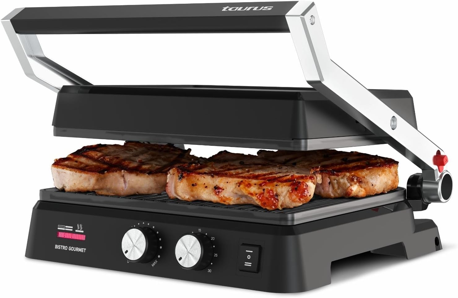 Taurus - Grill Bistro 2600W | 2 en 1: Grill y Plancha | 29x23 cm | Placas con Stair System | Dual Heat Tech | Revestimiento Antiadherentes sin PFOA | Bandeja Recogegrasas | Timer de hasta 30 Minutos