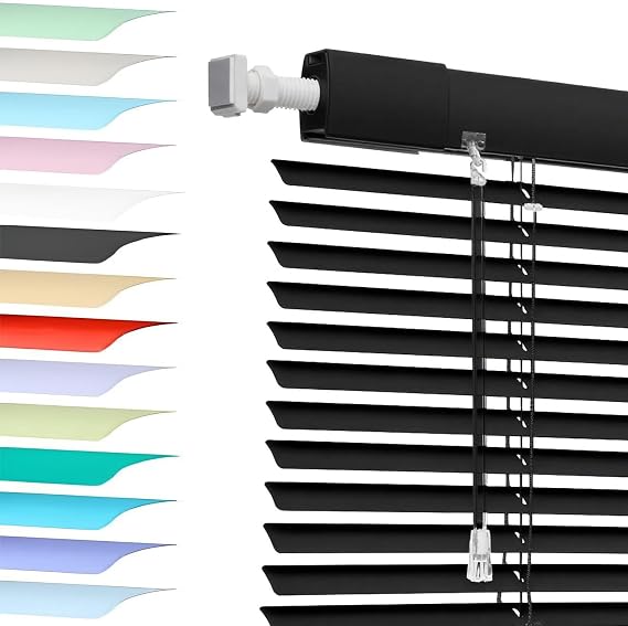No Drill Window Blinds, Blackout Aluminum Venetian Blinds for Windows, 25mm Metal Slat Cordless Privacy Shades, Easy Mount No Tools Blind Custom Size for Bedroom Living Room Office(Black)
