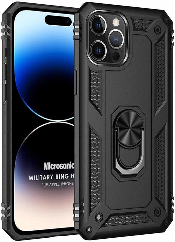 Microsonic Kılıf Apple iPhone 15 Pro Max için Military Ring Holder Siyah [iPhone 15 Pro Max ile Uyumlu Kılıf - Siyah]