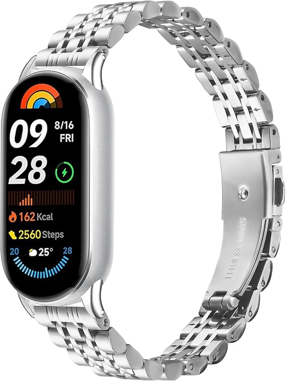 Watch Strap Compatible with Xiaomi Smart Band 10/9/8, Slim Metal Stainless Steel Sport Replacement Band Strap Bracelet for Xiaomi Mi Band 10/9/8
