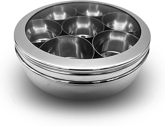 C&S Homestore Round Masala Spices Dabba Box 16cm Stainless Steel With Clear Lid, 7 removable pots and 1 Spoon