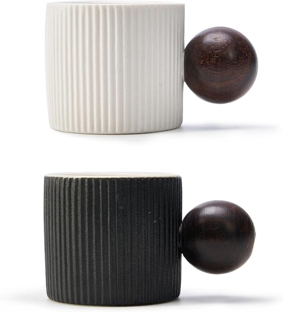 Espresso Cups 70ml, Small Ceramic Coffee Cups, Mini Mugs with Round Wooden Handle, Vertical Stripes Tea Cups (Black&White, 2pcs)