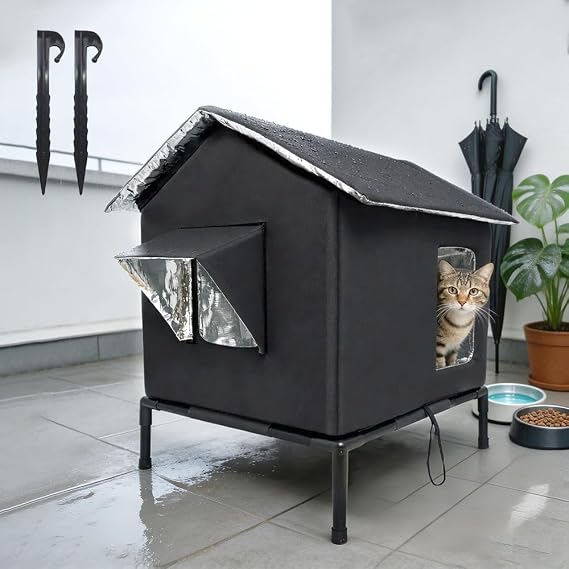 Outdoor Cat House, Weatherproof Cat Shelter with12cm Elevated Floor, Waterproof & Insulated, 19.7x14.2x15.7in, Large Cat House for Indoor & Outdoor, Backyard, Patio, Balcony, Winter, Summer
