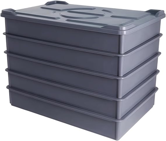 5 Pack Stackable Pizza Dough Proofing Box with Lid, 60 x 40 x 9.5cm Plastic Dough Tray Container, Commercial Bread Proofing Boxes - Grey (5 Trays + 1 Lid)
