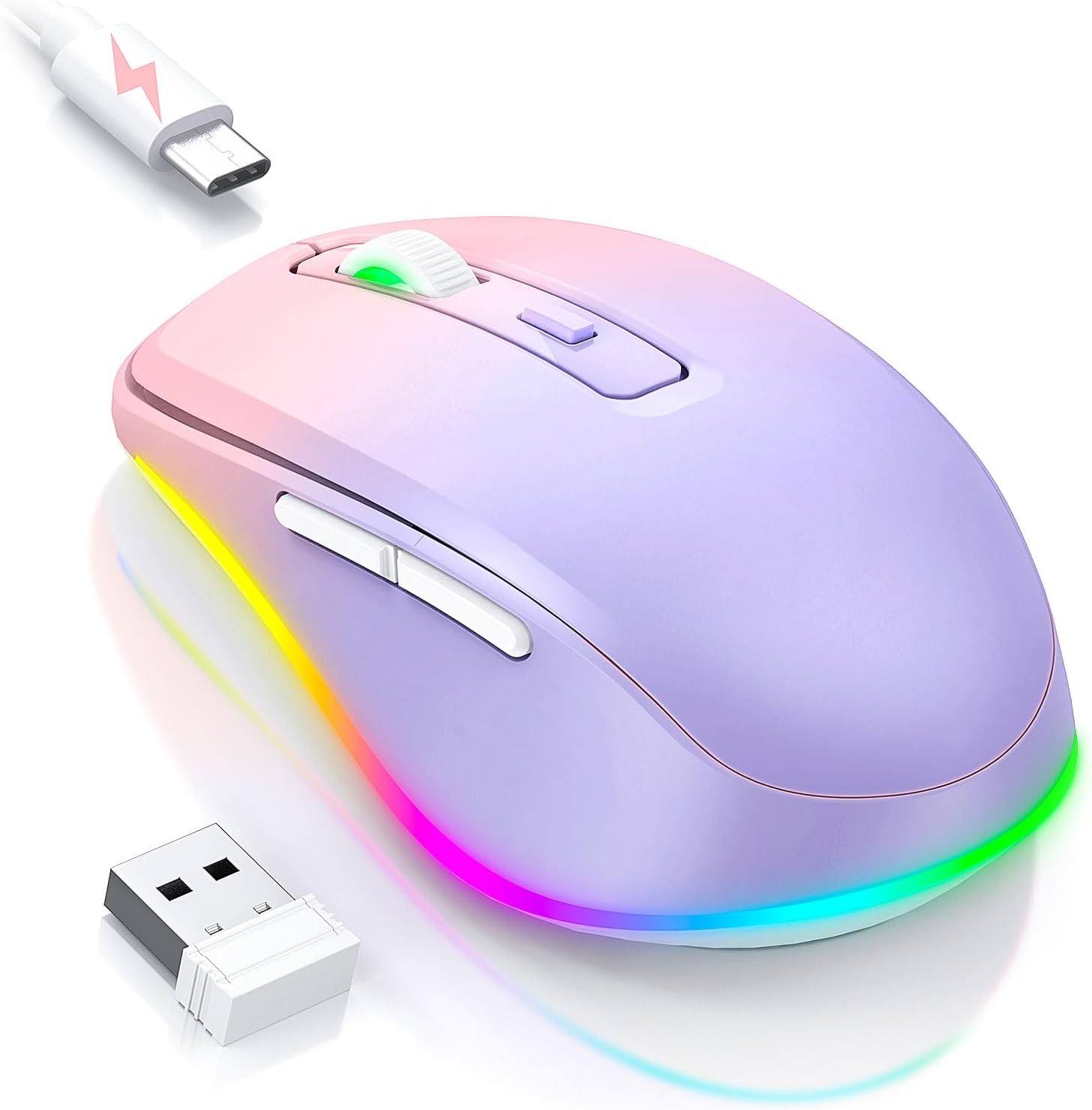 Seenda Wireless Mouse, Rechargeable Light Up LED Mouse for Laptop, 2.4G USB Silent Mice with Built in Jiggler Mover, Undetectable Simulate Mice Movement to Keep Computer Awake, pink gradient purple