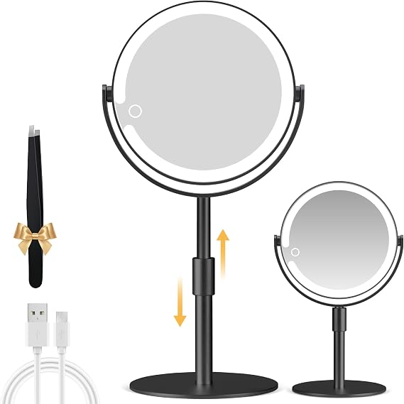 MOMOKUBA Magnifying Mirror with Light 20X, Height-Adjustable Lighted Makeup Mirror with Magnification, Double Sided Aluminum Alloy LED Mirrors, 3 Lighting Modes Ideal for Desk Bathroom Makeup, Black